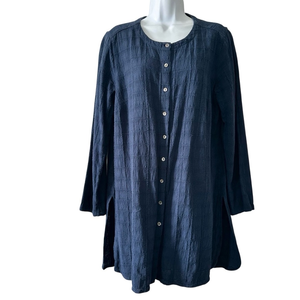 Pure Jill Women’s Navy Check Linen Cotton Check Coastal Long Sleeve Tunic-Medium